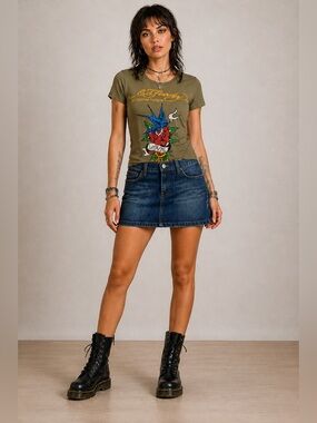 #1 Ed Hardy Olive Graphic Tee with Blue, Red & Yellow Print and NWT Skirt